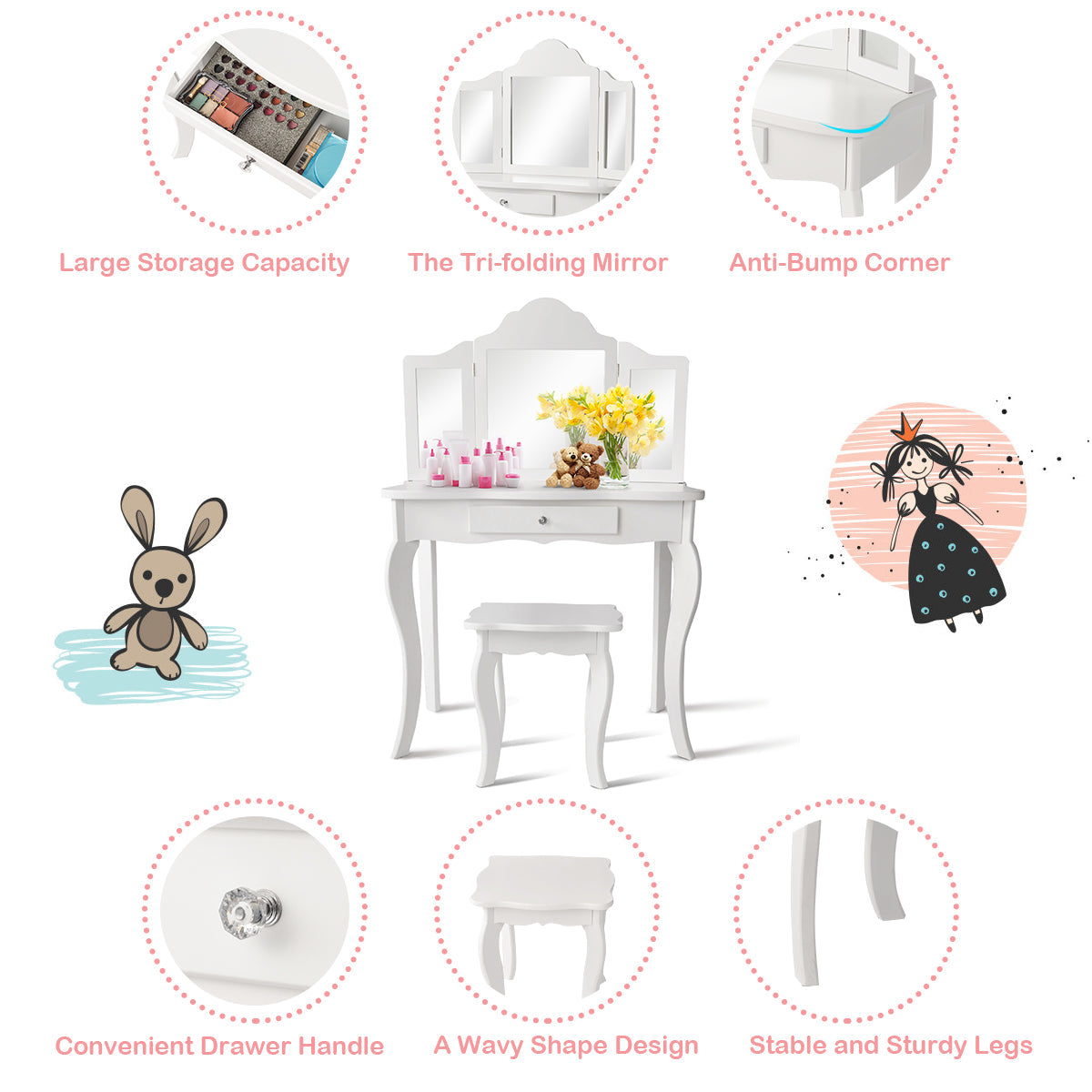NNECW Kids Dressing Table Set with Stool & Mirror for Children Ages 3-7-White