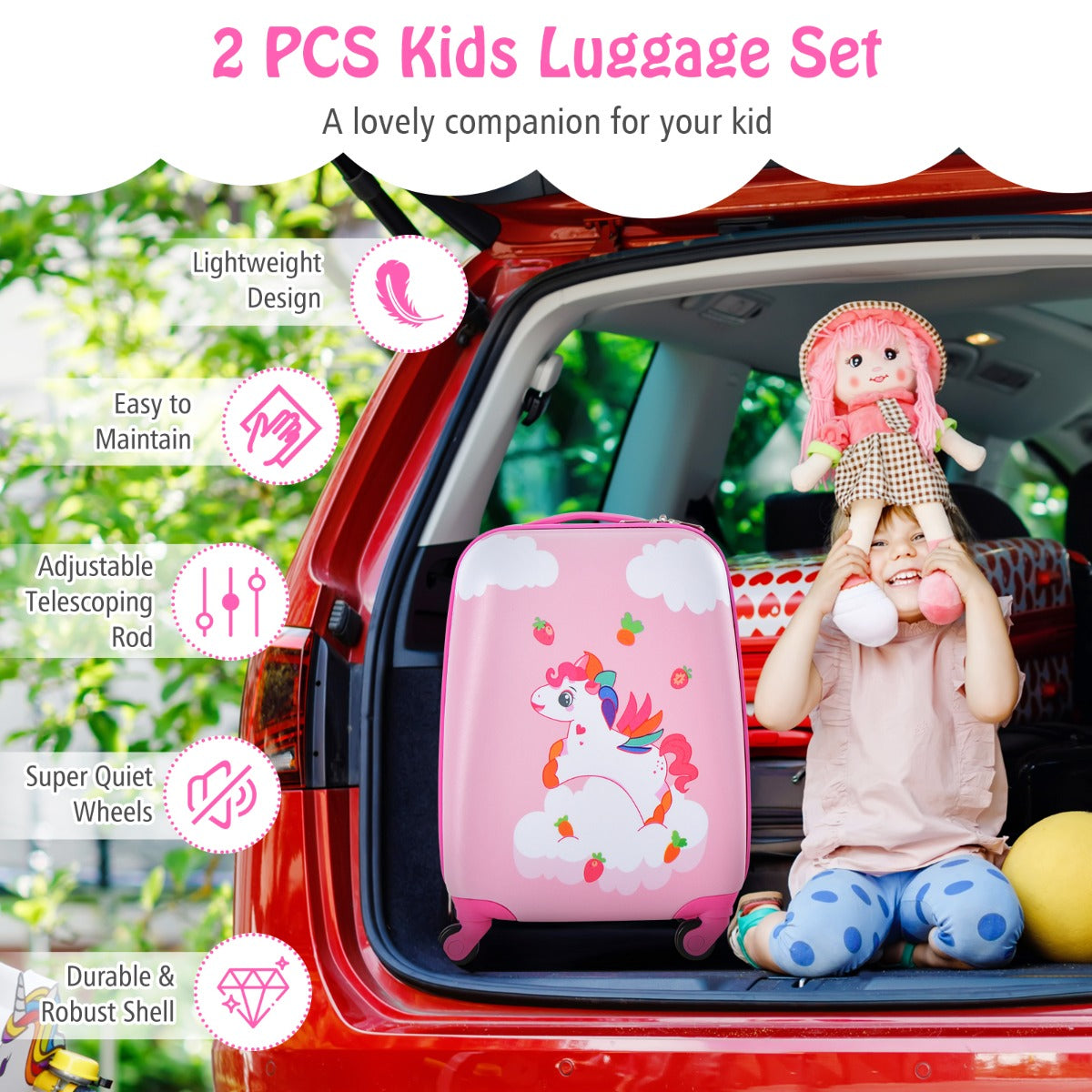 NNECW 2-Piece Carry-on Luggage Set with Spinner Wheels for Children-Cloud-Pink