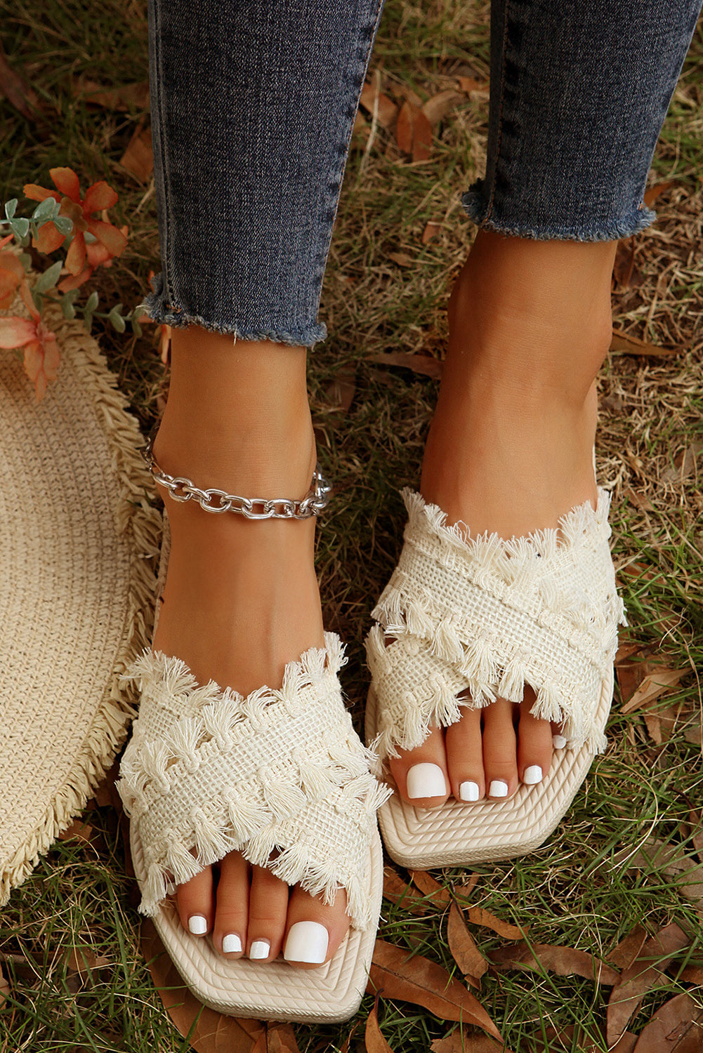 Vada Tassel Woven Crossed Straps Flat Slippers-0