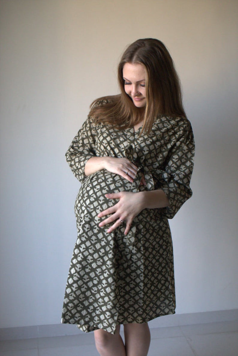 Green Geometric Motif Hand Block Organic Cotton Maternity Robe