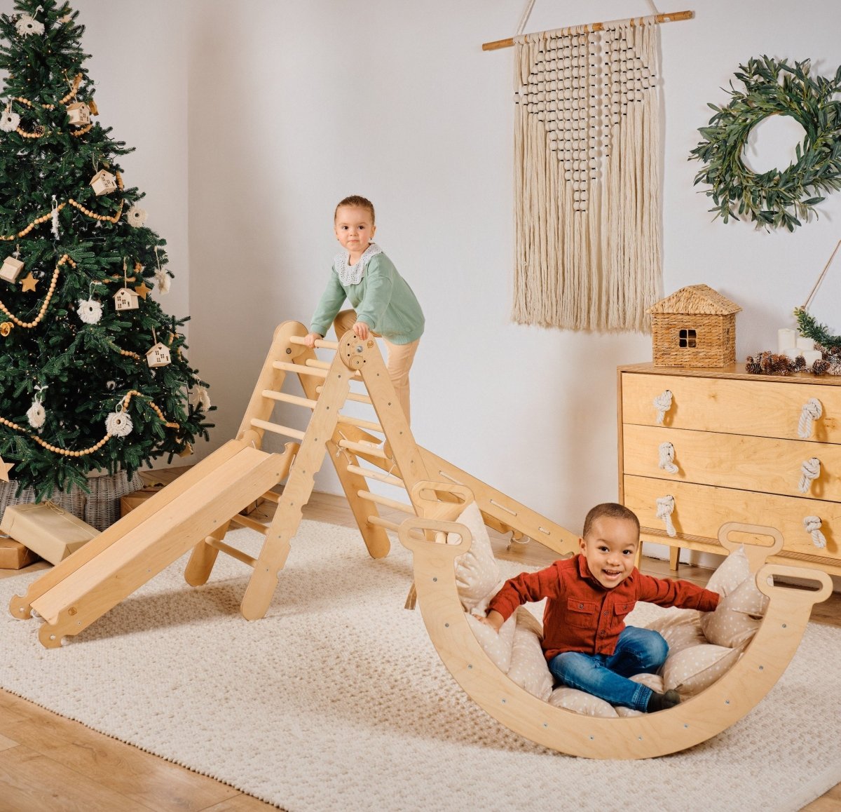 5in1 Montessori Climbing Set: Triangle Ladder + Arch/Rocker + Slide Board/Ramp + Netting rope + Cushion