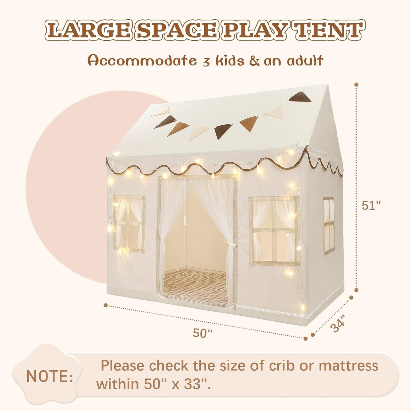 Cream Kids Play Tent Large 50 Inches Wide By34 Deep Indoor Outdoor