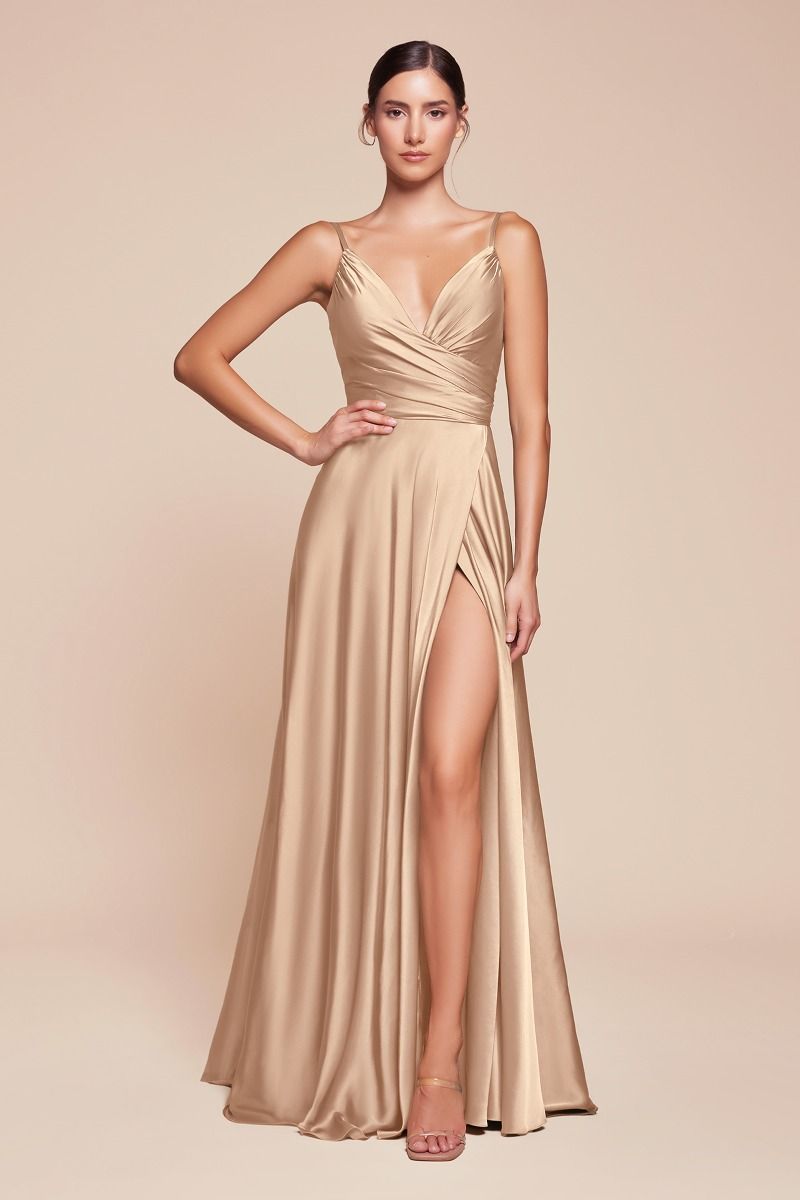 Soft Satin A-Line Bridesmaid Dress w/ Elegant Leg Slit & Spaghetti Straps CD7485