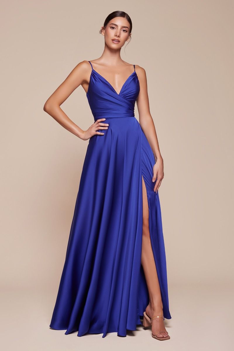 Soft Satin A-Line Bridesmaid Dress w/ Elegant Leg Slit & Spaghetti Straps CD7485