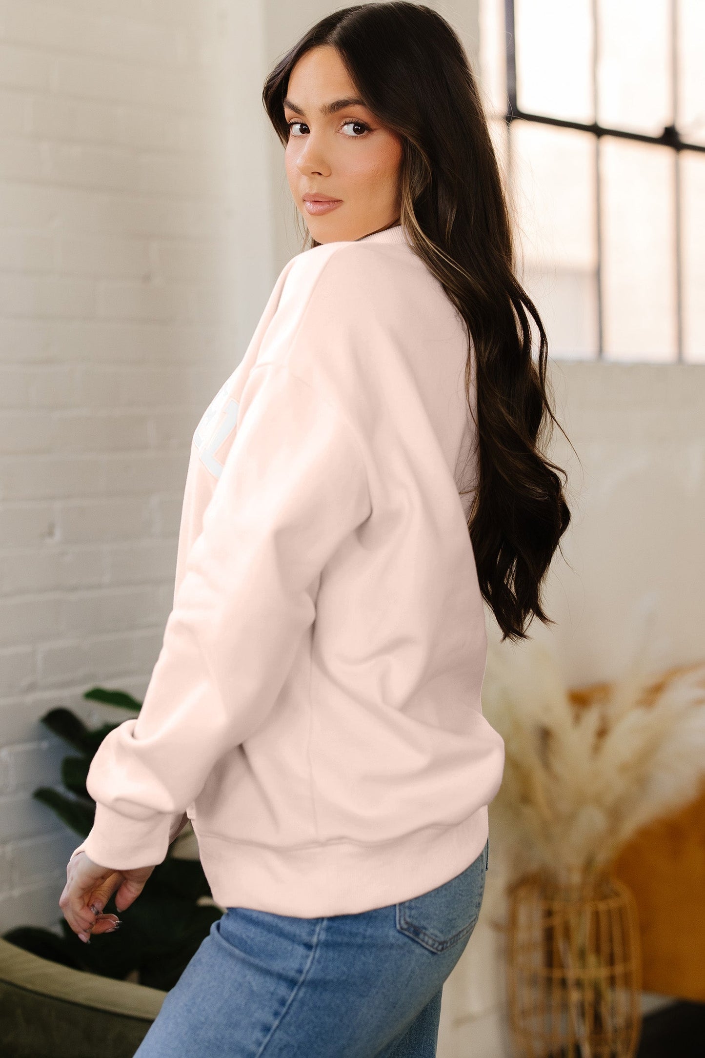Bright Pink Oversize Blessed Embroidered Mock Neck Sweatshirt