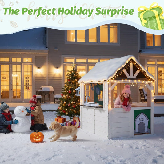 Natural Cedar Outdoor Kids Playhouse With Kitchenette