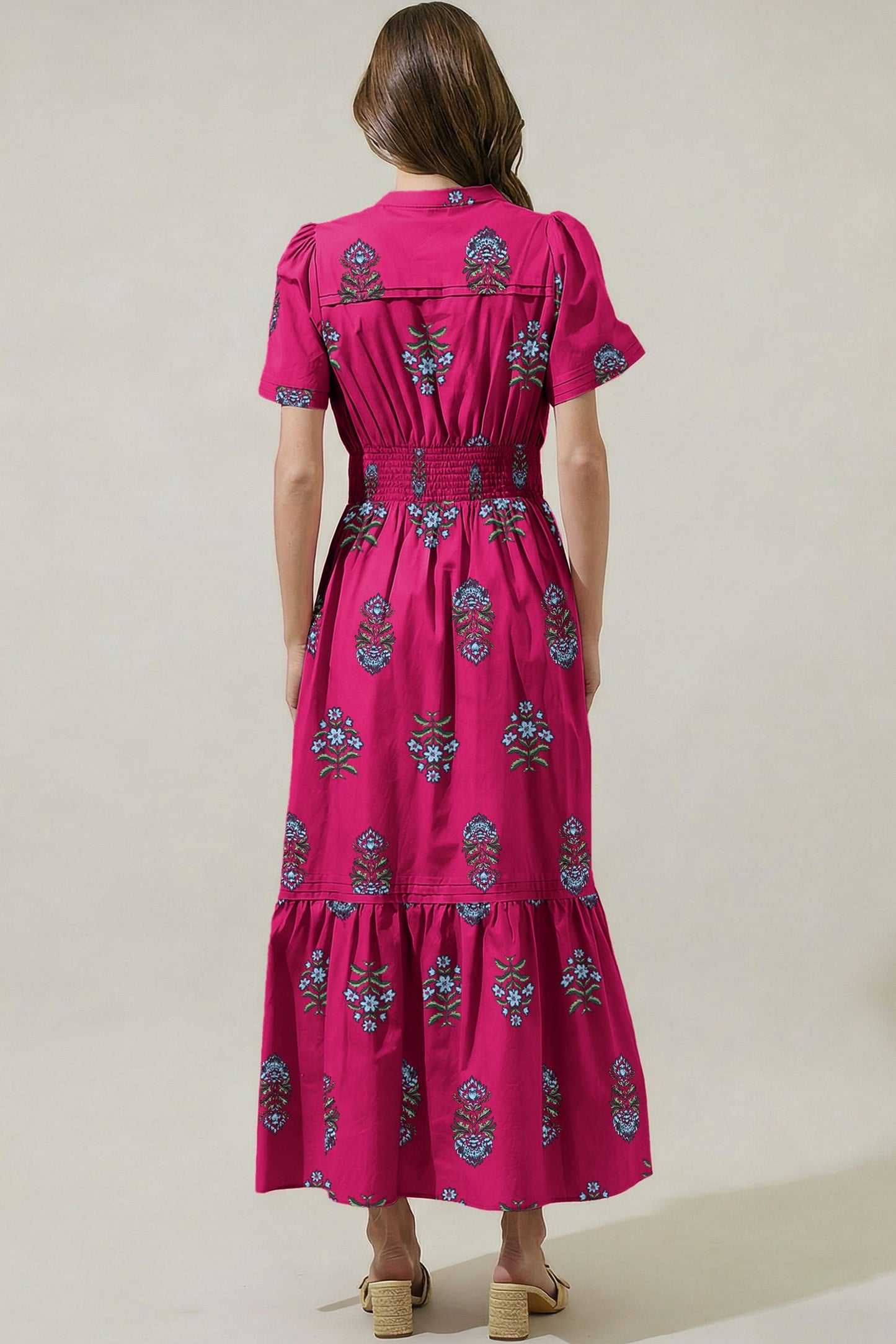 Green Floral Print Split Neck Shirred High Waist Ruffle Hem Maxi Dress