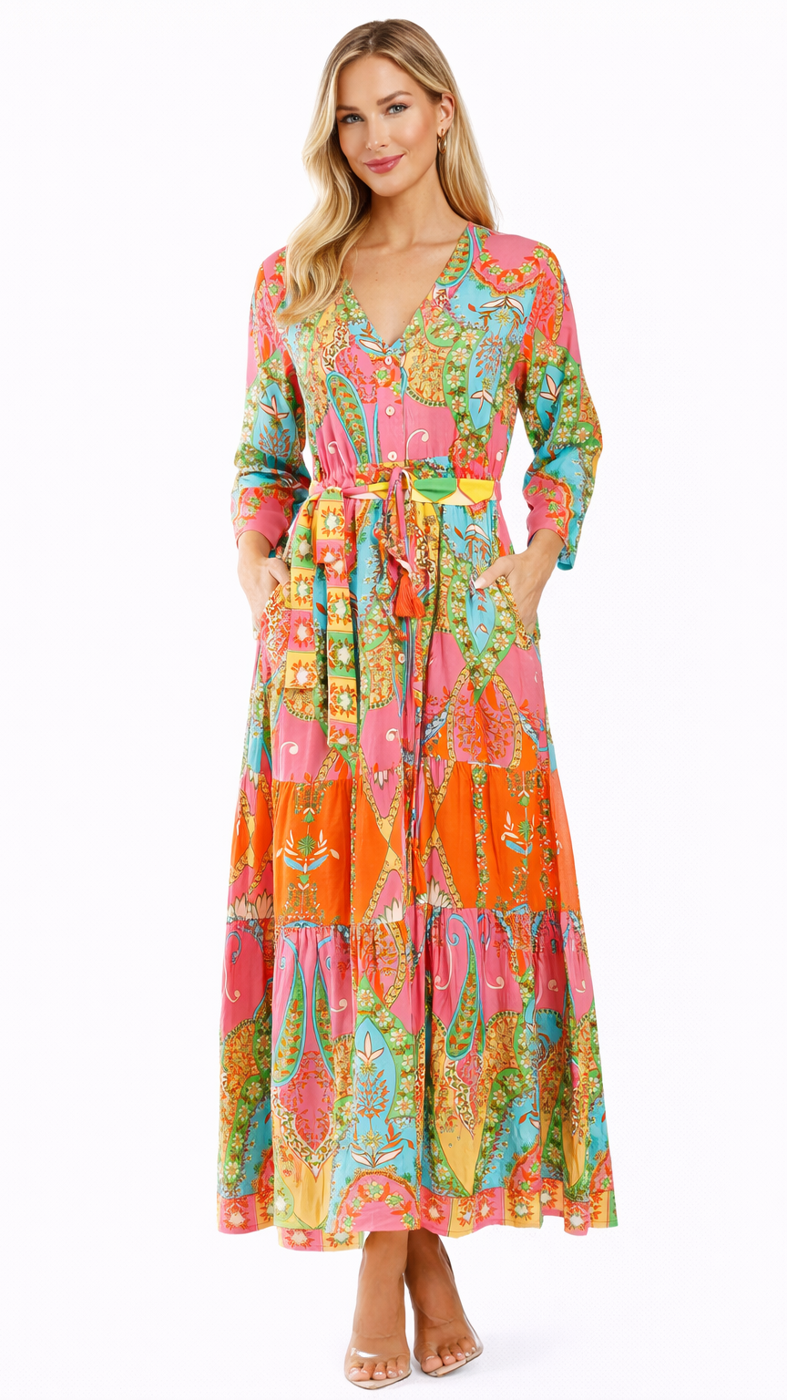 Vibrant Paisley Maxi Shirt Dress – Luxury Resort Wear Cover Up | Club Moda