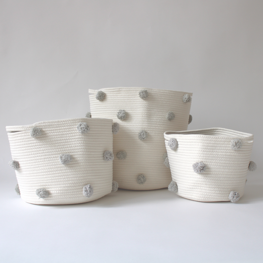 Grey Pom Basket - Large