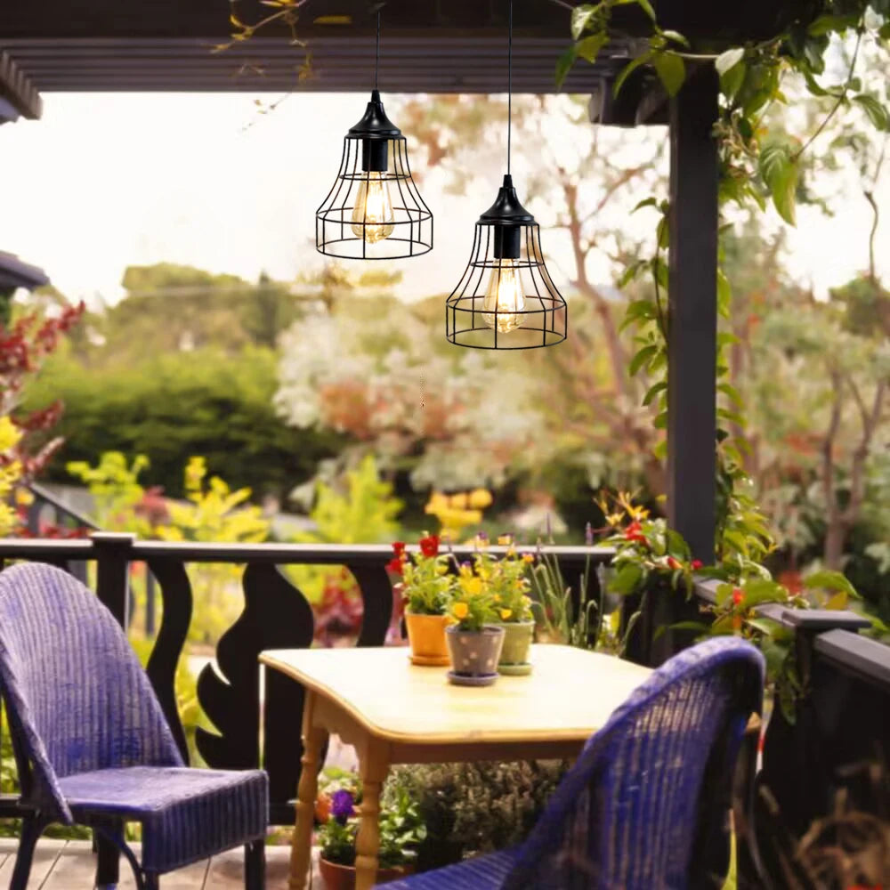 Black Metal Cage Hanging Battery Powered Lamp Pendant Light with 6 Hours Timer for Bar Bedroom Garden Parties Patio
