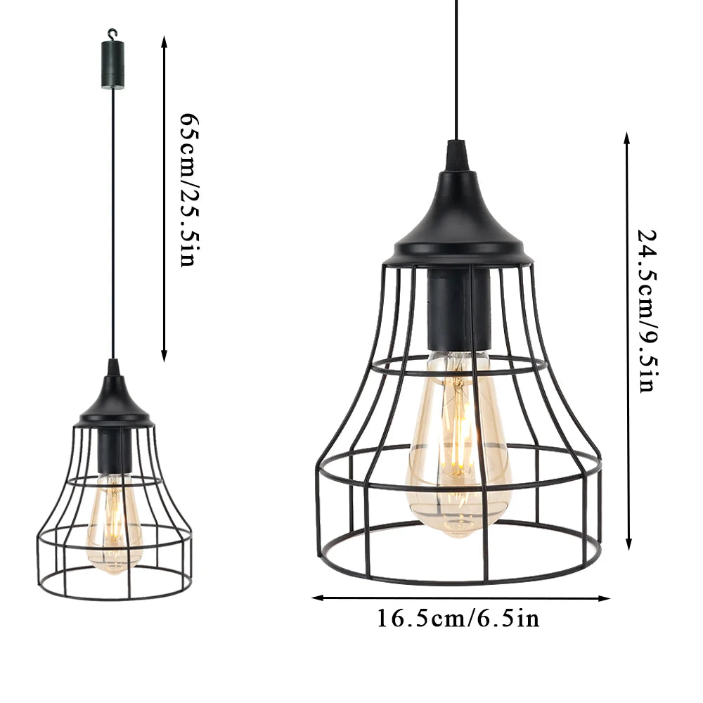 Black Metal Cage Hanging Battery Powered Lamp Pendant Light with 6 Hours Timer for Bar Bedroom Garden Parties Patio