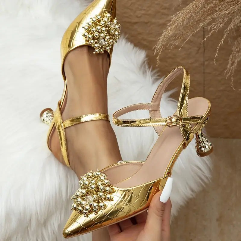New Trendy Square Toe Trendy Gold Sandales Talon Femme  Summer Pearl Women Heels 2025