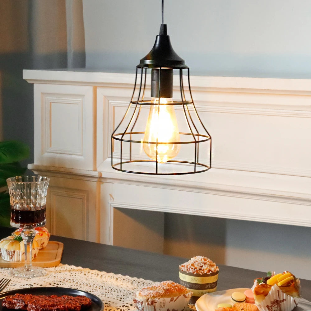 Black Metal Cage Hanging Battery Powered Lamp Pendant Light with 6 Hours Timer for Bar Bedroom Garden Parties Patio