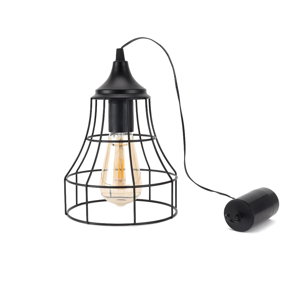 Black Metal Cage Hanging Battery Powered Lamp Pendant Light with 6 Hours Timer for Bar Bedroom Garden Parties Patio