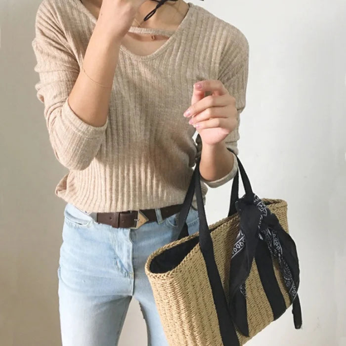 Custom Hand Made High Quality Casual Women Holiday Summer Beach Twine Knitted Knitting Tote Bag Handbag for Lady Women
