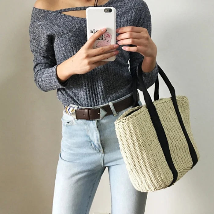 Custom Hand Made High Quality Casual Women Holiday Summer Beach Twine Knitted Knitting Tote Bag Handbag for Lady Women