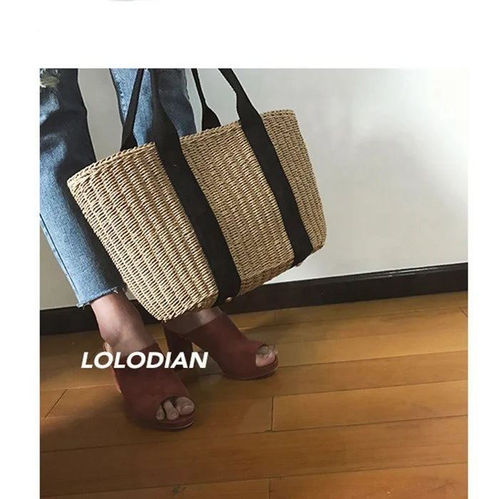 Custom Hand Made High Quality Casual Women Holiday Summer Beach Twine Knitted Knitting Tote Bag Handbag for Lady Women