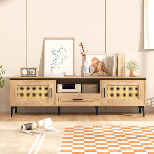 Mid Century Modern Entertainment Center with 2 Cabinets and Storage Drawer-Oak