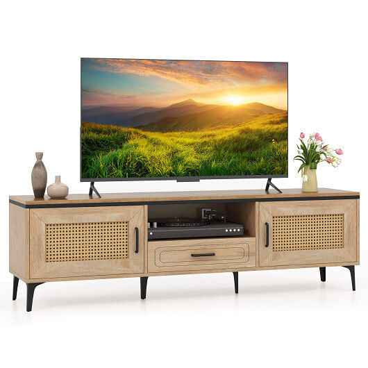 Mid Century Modern Entertainment Center with 2 Cabinets and Storage Drawer-Oak