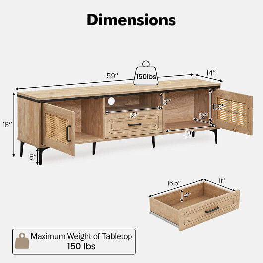 Mid Century Modern Entertainment Center with 2 Cabinets and Storage Drawer-Oak