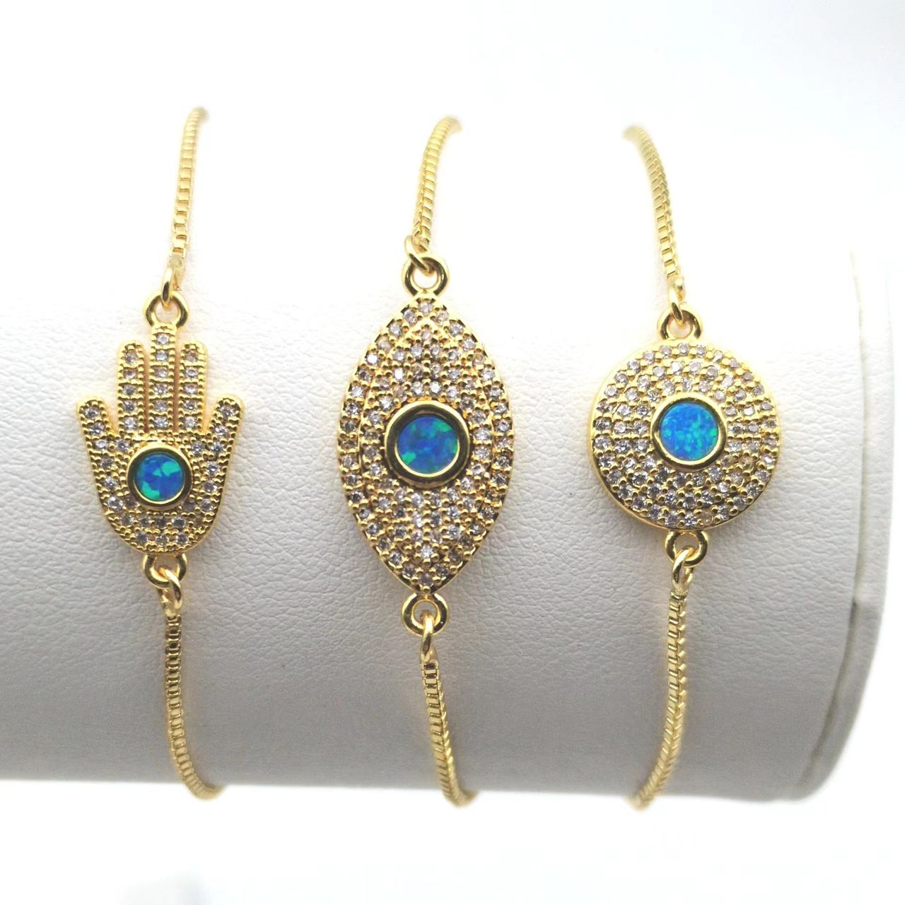 Hamsa, Evil Eye, and Circular Opal Charm Bracelets