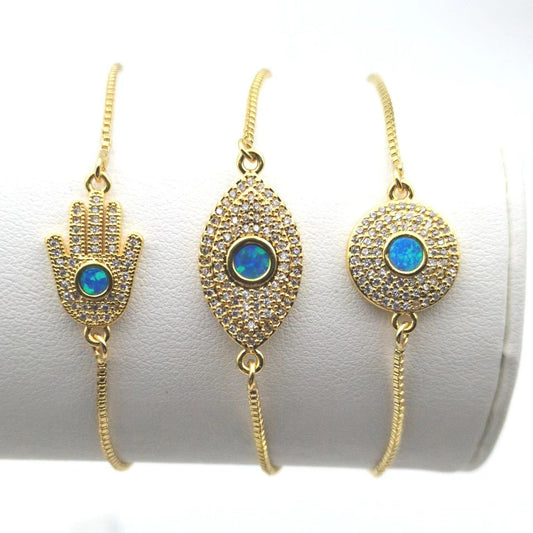 Hamsa, Evil Eye, and Circular Opal Charm Bracelets