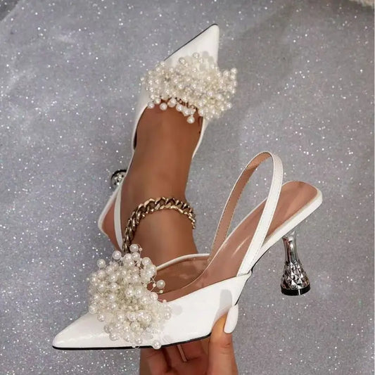 New Trendy Square Toe Trendy Gold Sandales Talon Femme  Summer Pearl Women Heels 2025