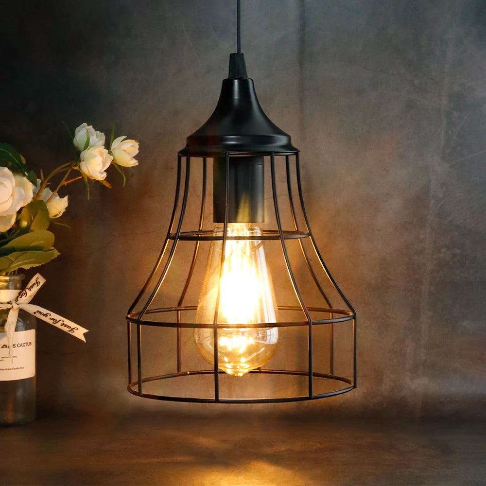 Black Metal Cage Hanging Battery Powered Lamp Pendant Light with 6 Hours Timer for Bar Bedroom Garden Parties Patio