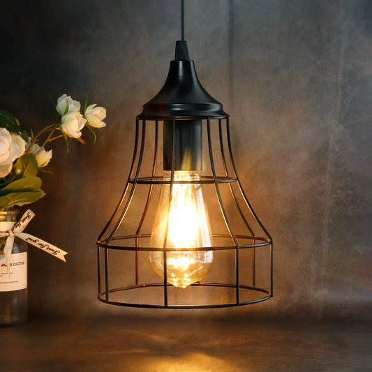 Black Metal Cage Hanging Battery Powered Lamp Pendant Light with 6 Hours Timer for Bar Bedroom Garden Parties Patio