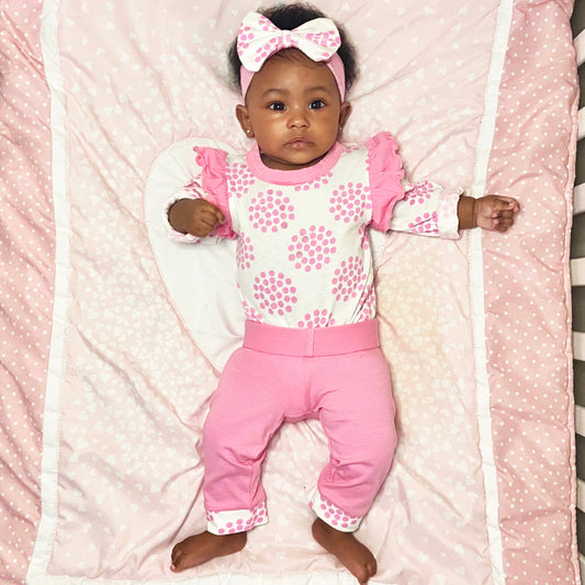 AnnLoren Baby Girls Layette Pink Polka Dot Onesie Pants Headband 3pc Gift Set Clothing