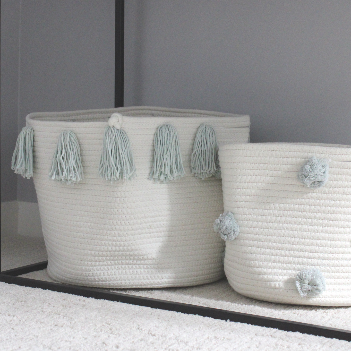 Light Blue Pom Basket - Medium