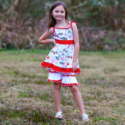 AnnLoren Little & Big Girls Farm Animals Dress and Capri Ruffle Leggings Outfit