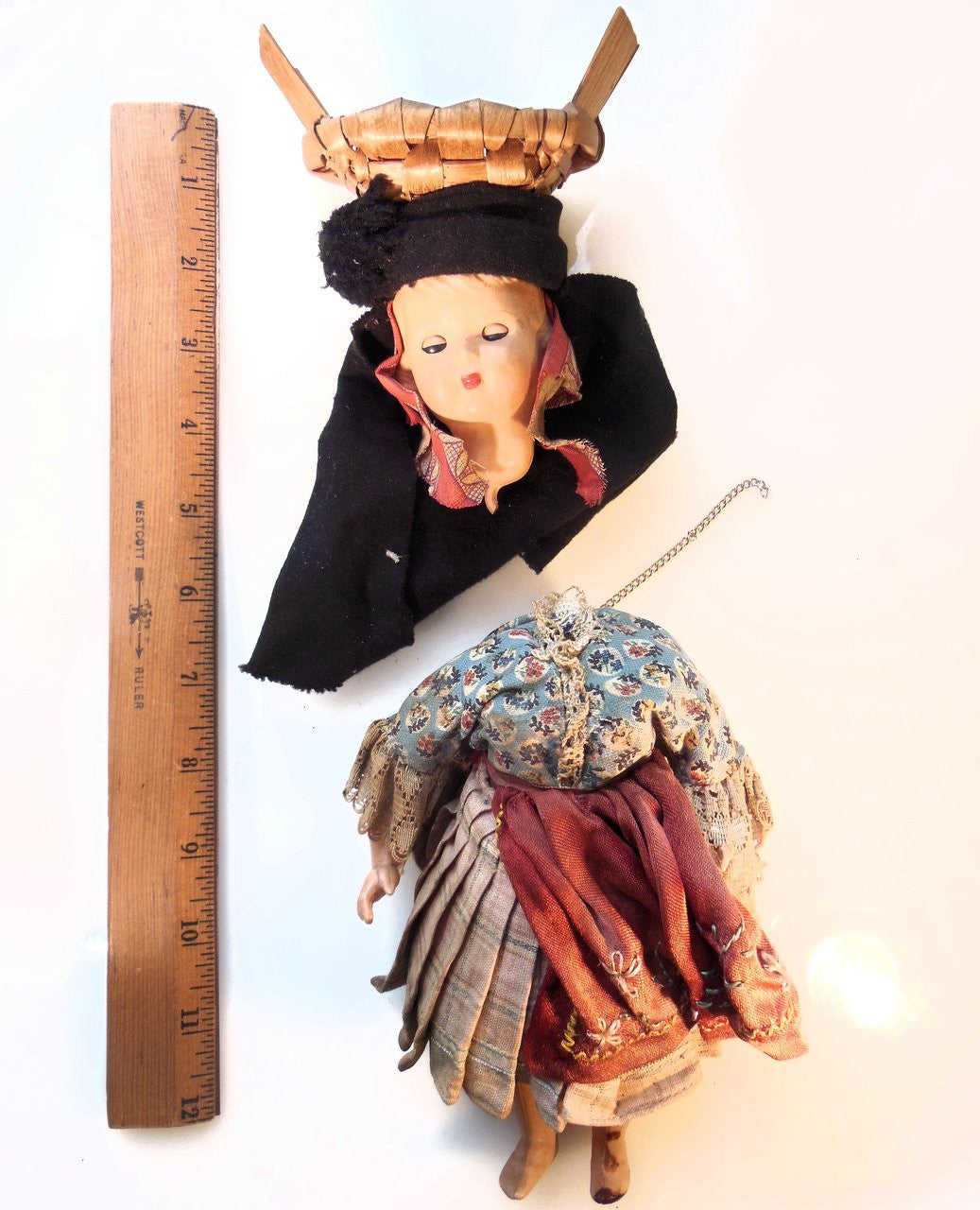 Vintage Portuguese Fish Seller Doll.  Opening/Closing Eyes & Basket on Head