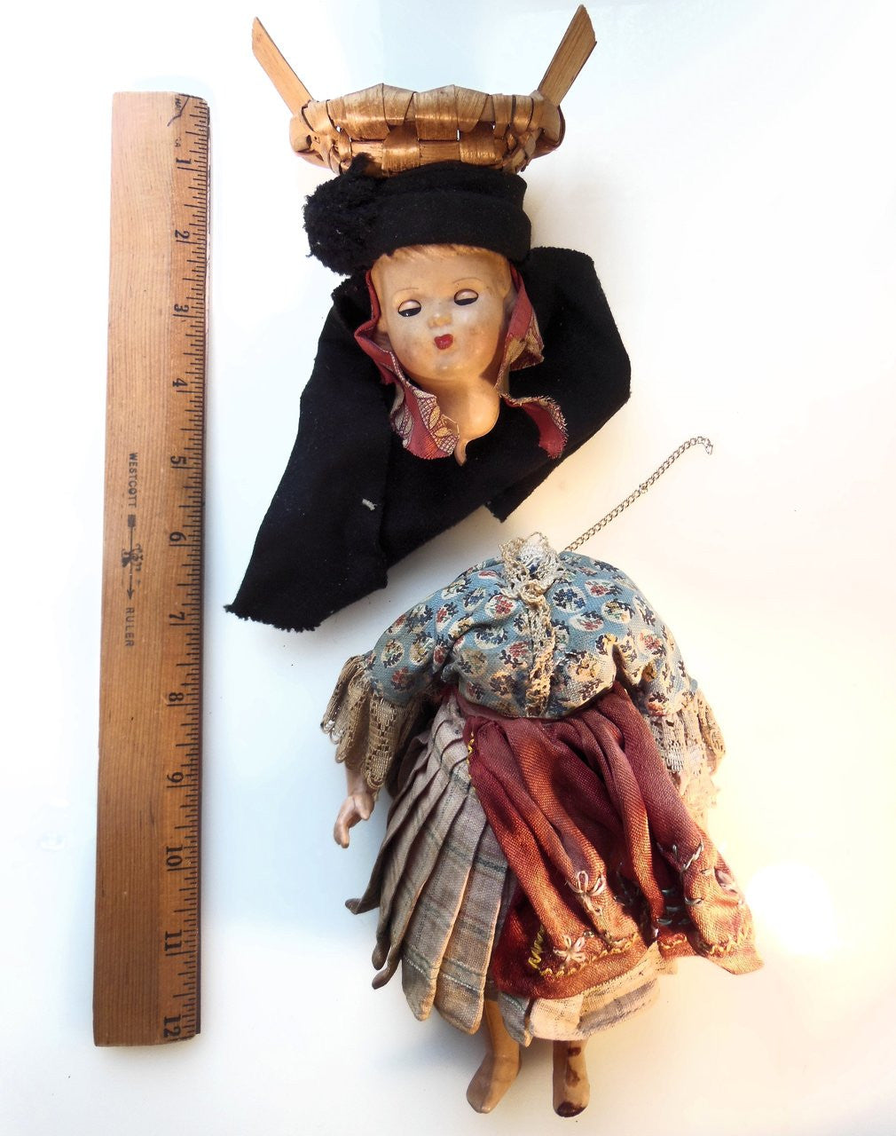 Vintage Portuguese Fish Seller Doll.  Opening/Closing Eyes & Basket on Head