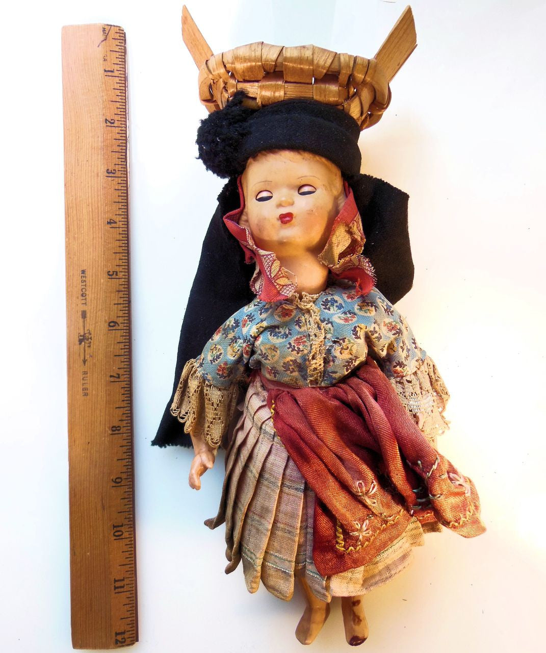 Vintage Portuguese Fish Seller Doll.  Opening/Closing Eyes & Basket on Head