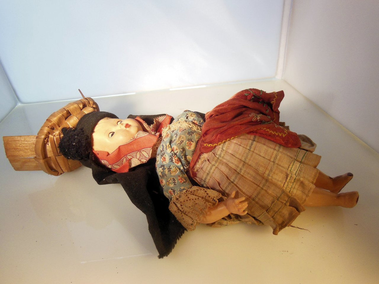 Vintage Portuguese Fish Seller Doll.  Opening/Closing Eyes & Basket on Head