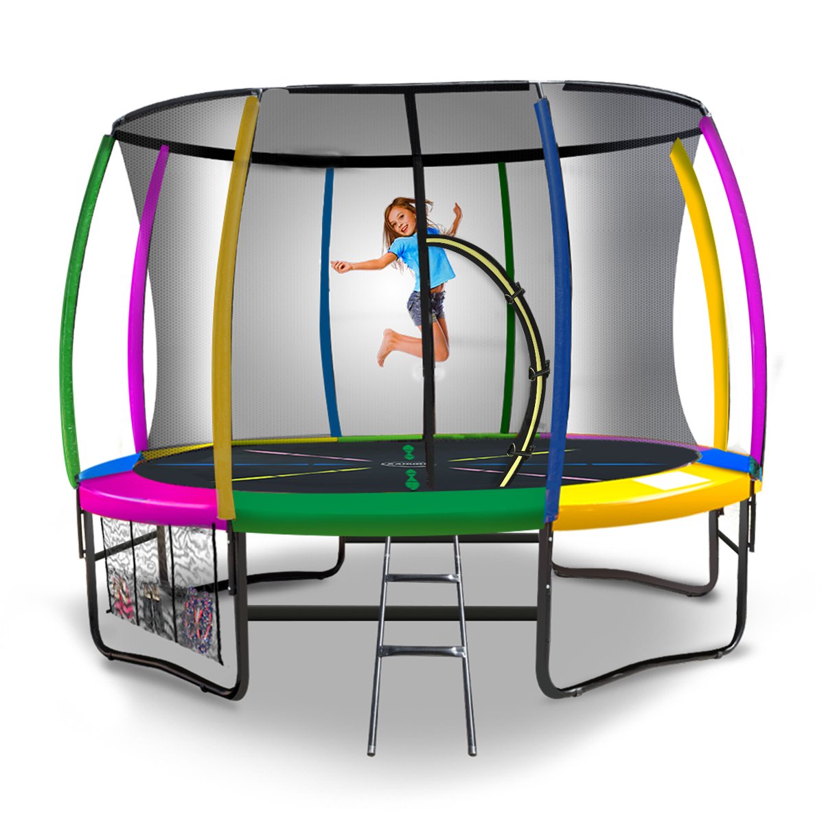 NNEDSZ 10ft Outdoor Trampoline Kids Children With Safety Enclosure Pad Mat Ladder - Rainbow