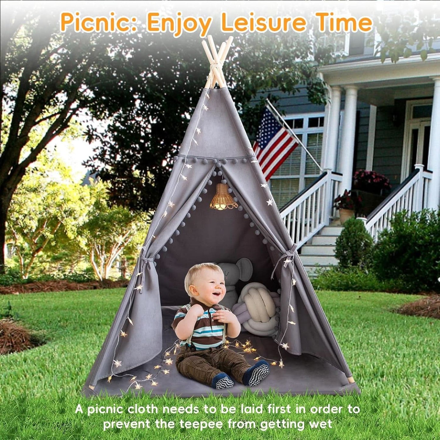 Grey Ultra Sof tDeluxe Cotton Canvas Teepee Tent For Kids