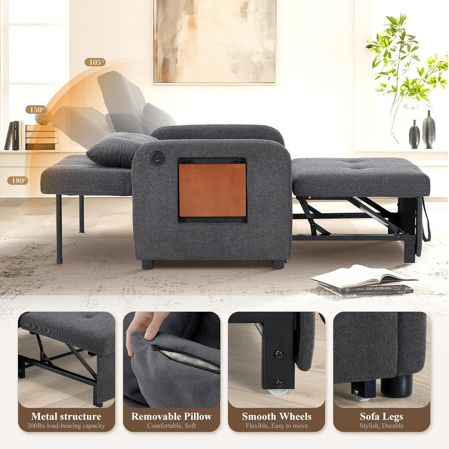 Convertible Sleeper Armchair Charcoal Gray USB Port