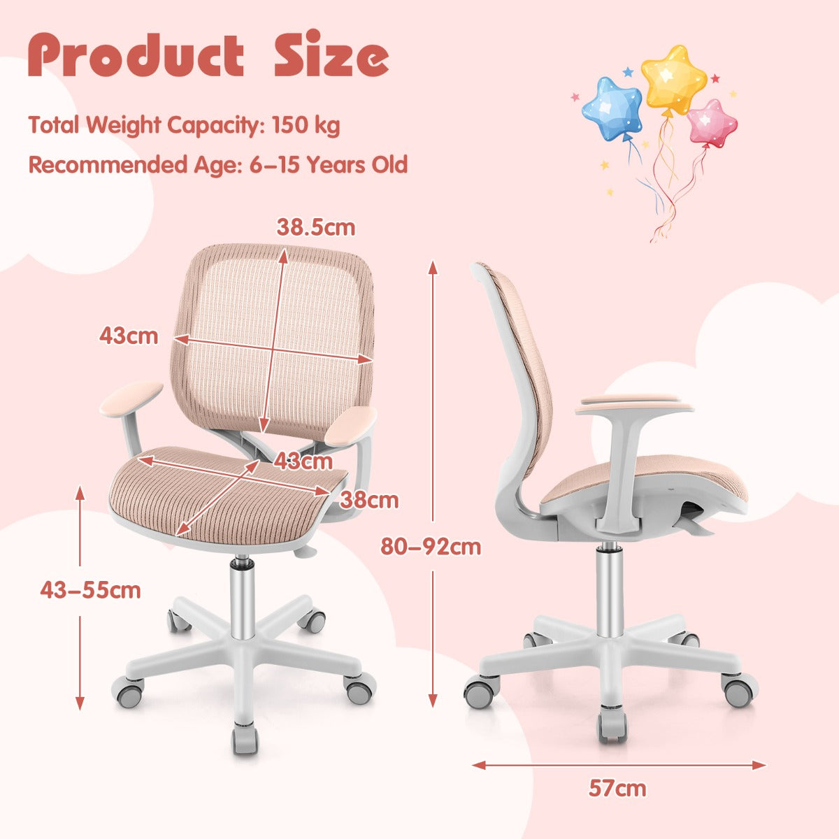 NNECW Kids Swivel Mesh Children Computer Chair with Adjustable Height-Pink