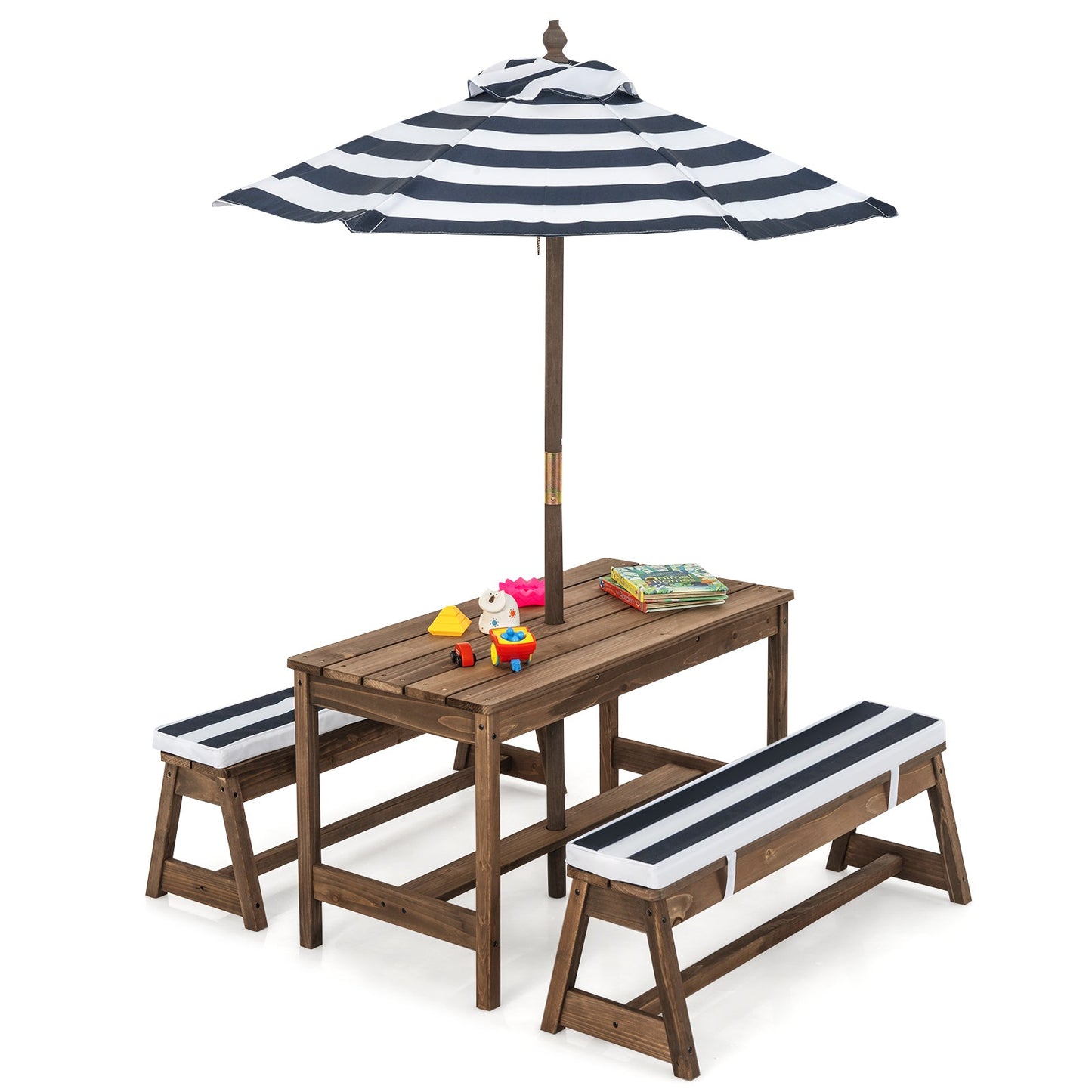 NNECW Kids Table &amp Bench Set with Umbrella &amp Cushions for Indoor Outdoor Activity-Blue