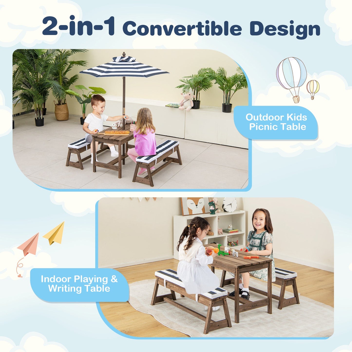NNECW Kids Table &amp Bench Set with Umbrella &amp Cushions for Indoor Outdoor Activity-Blue