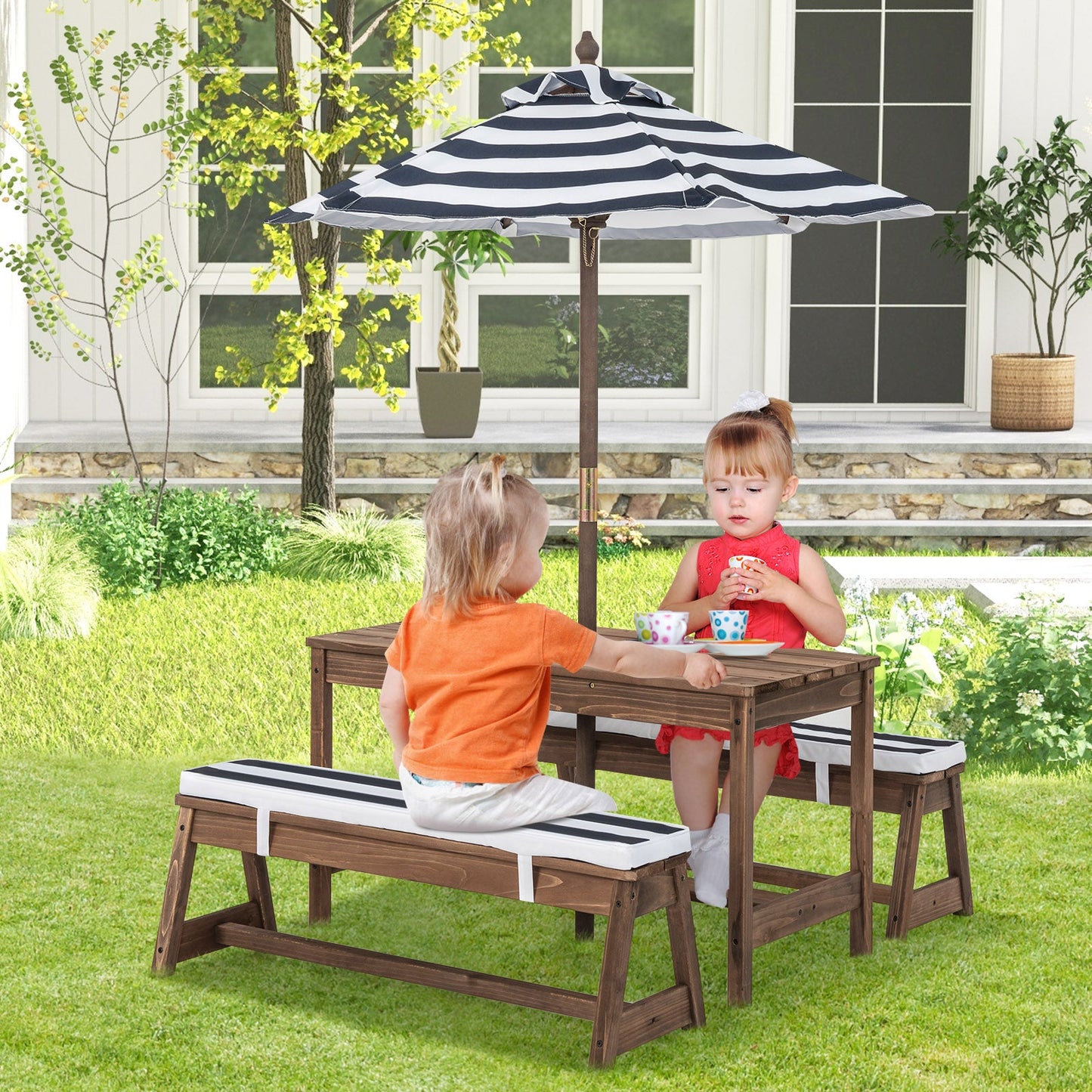 NNECW Kids Table &amp Bench Set with Umbrella &amp Cushions for Indoor Outdoor Activity-Blue
