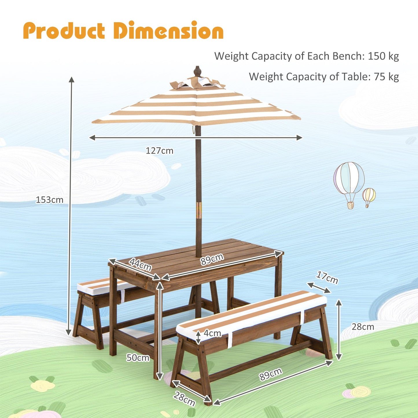 NNECW Kids Table &amp Bench Set with Umbrella &amp Cushions for Indoor Outdoor Activity-Brown