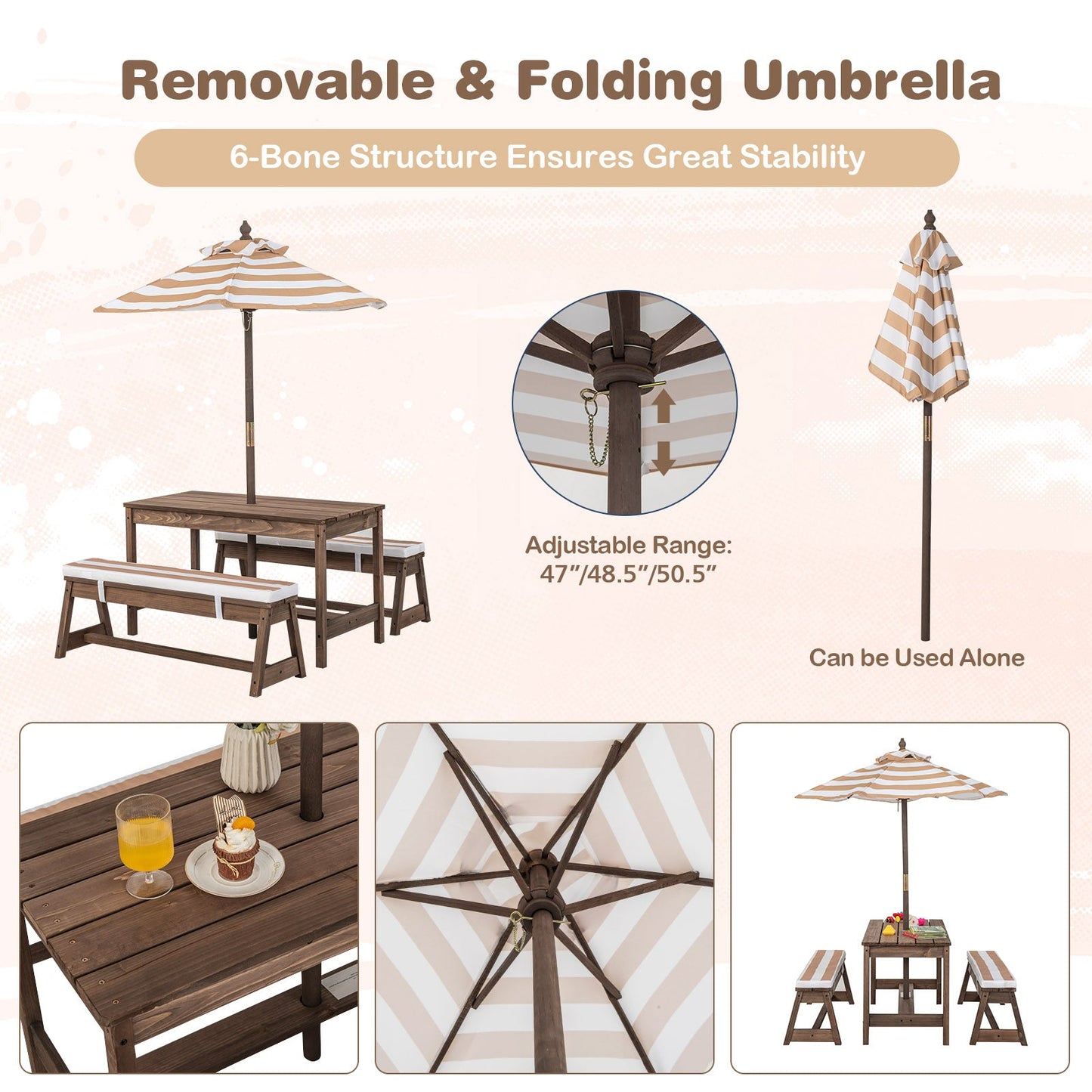 NNECW Kids Table &amp Bench Set with Umbrella &amp Cushions for Indoor Outdoor Activity-Brown