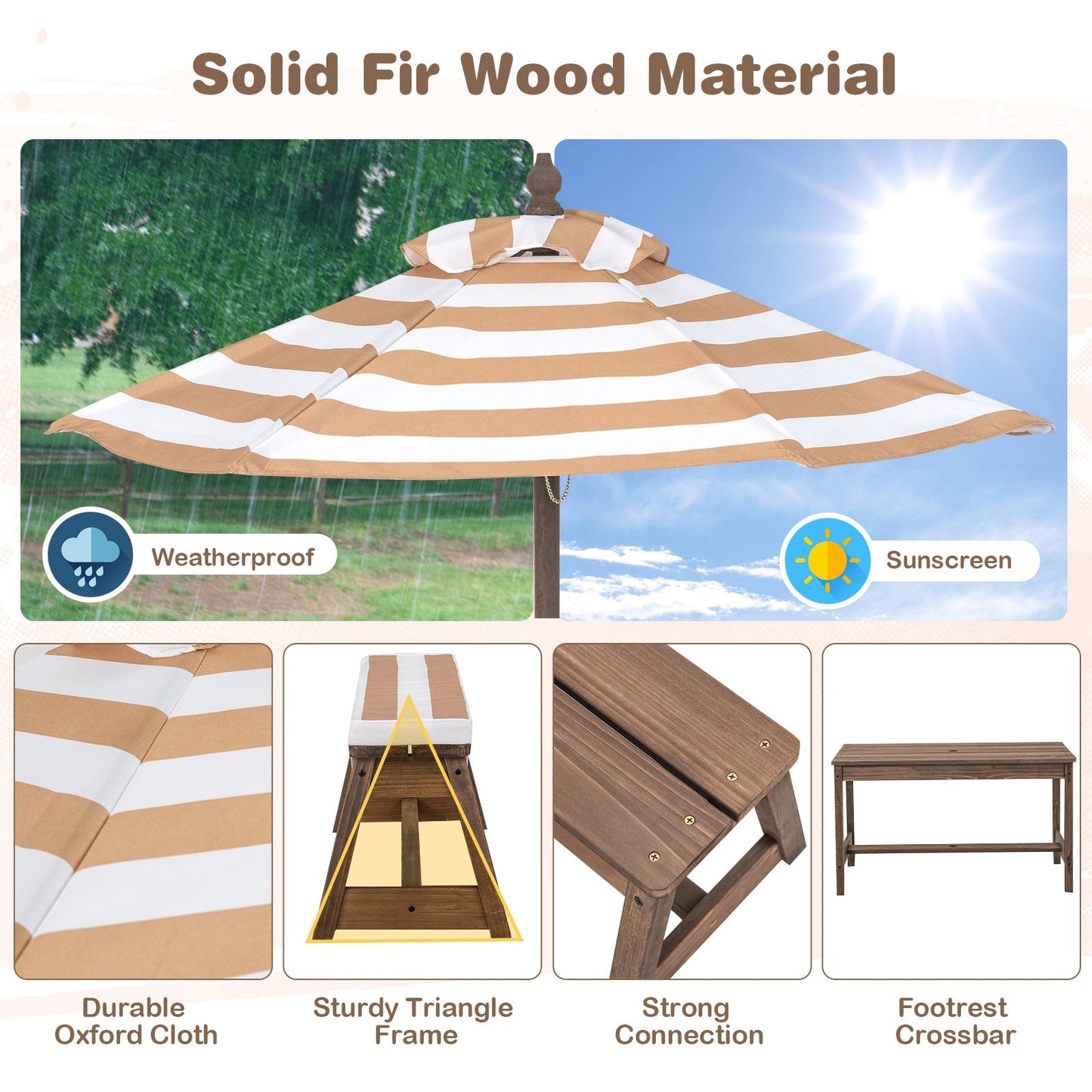 NNECW Kids Table &amp Bench Set with Umbrella &amp Cushions for Indoor Outdoor Activity-Brown