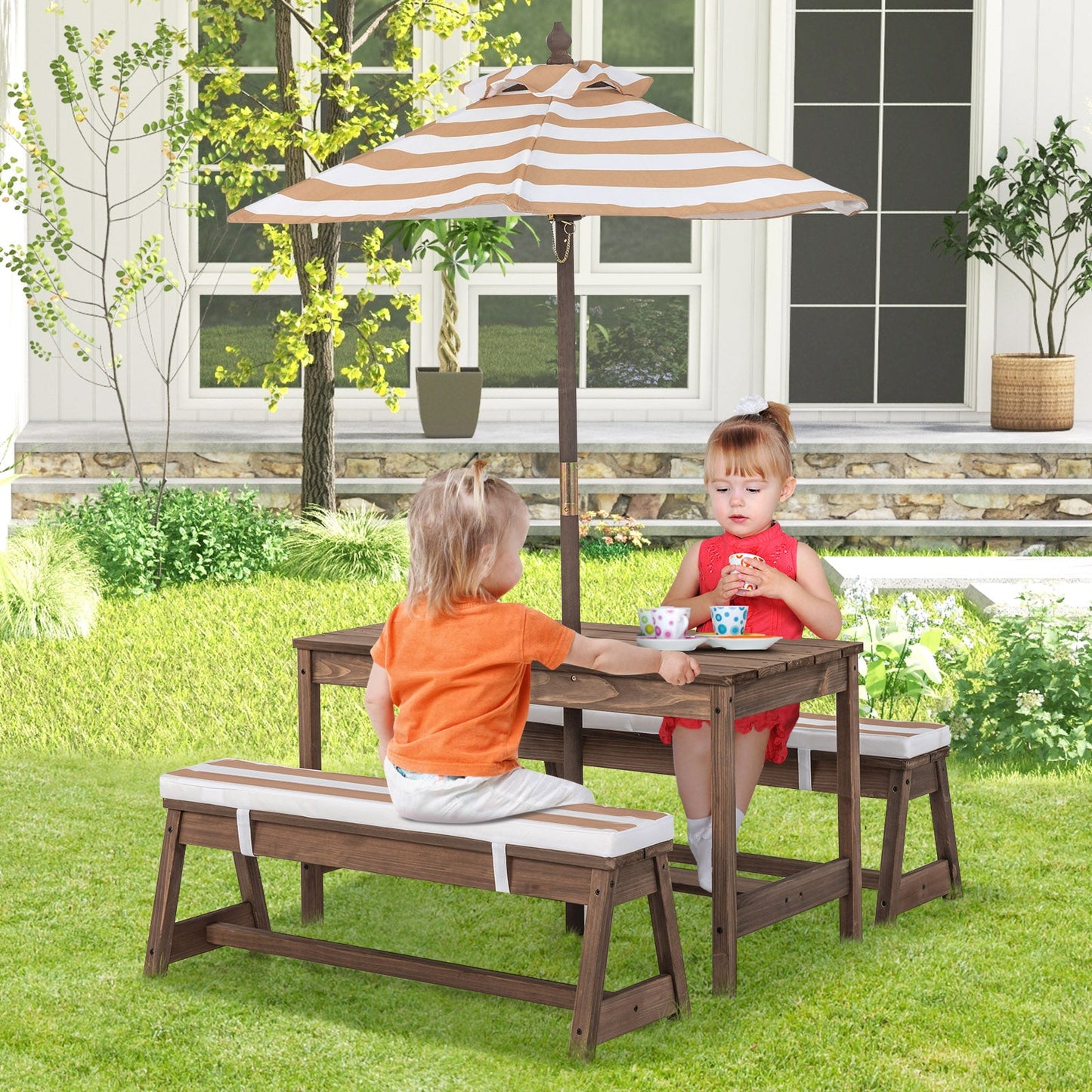 NNECW Kids Table &amp Bench Set with Umbrella &amp Cushions for Indoor Outdoor Activity-Brown
