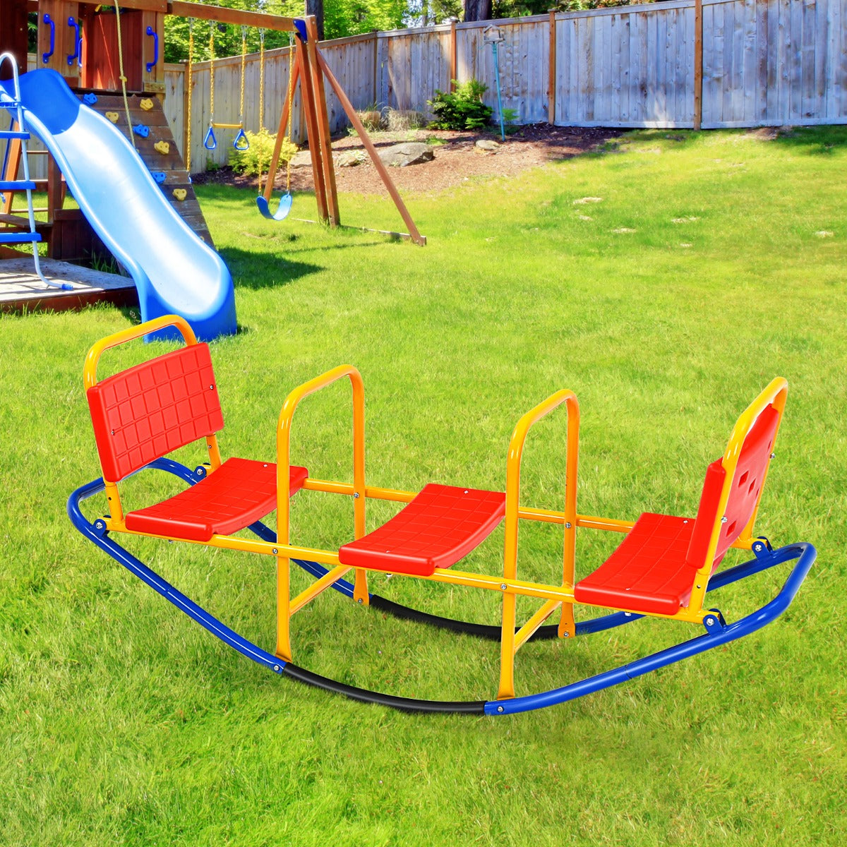 NNECW Kids Metal Rocking Seesaw with Handlebars for Indoor & Outdoor Play