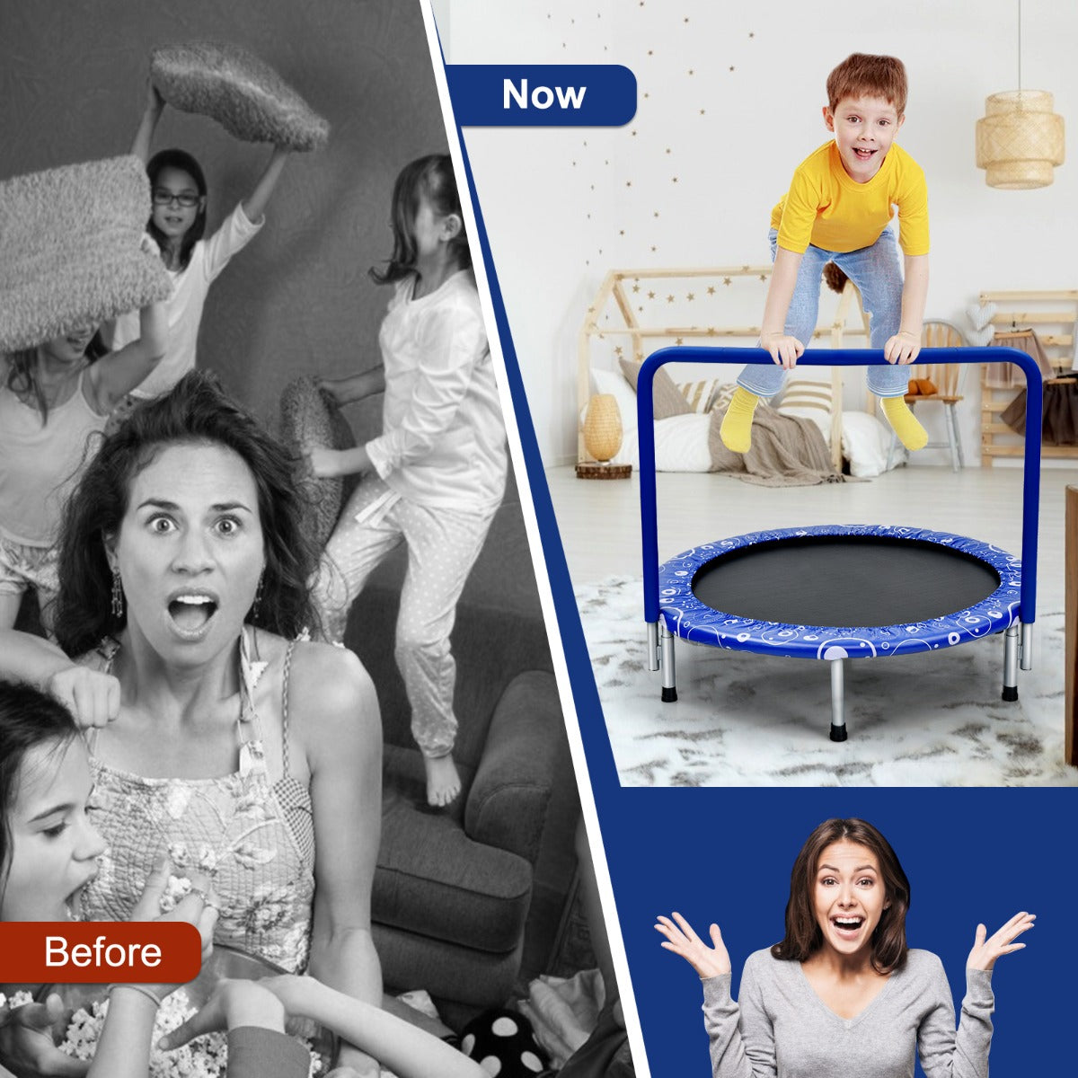 NNECW Foldable Kids Trampoline with Handle for Indoor &amp; Outdoor-Blue