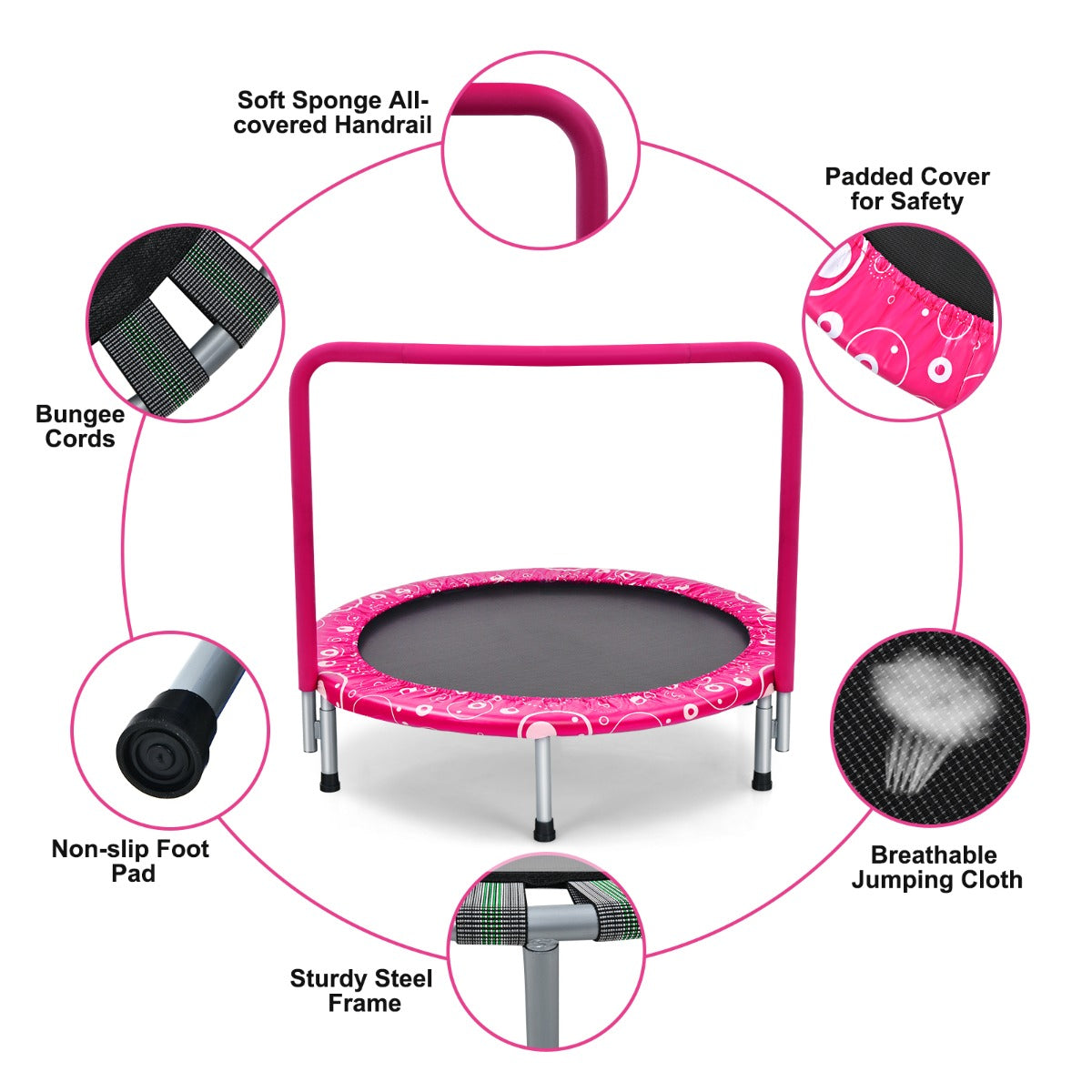 NNECW Foldable Kids Trampoline with Handle for Indoor &amp; Outdoor-Pink